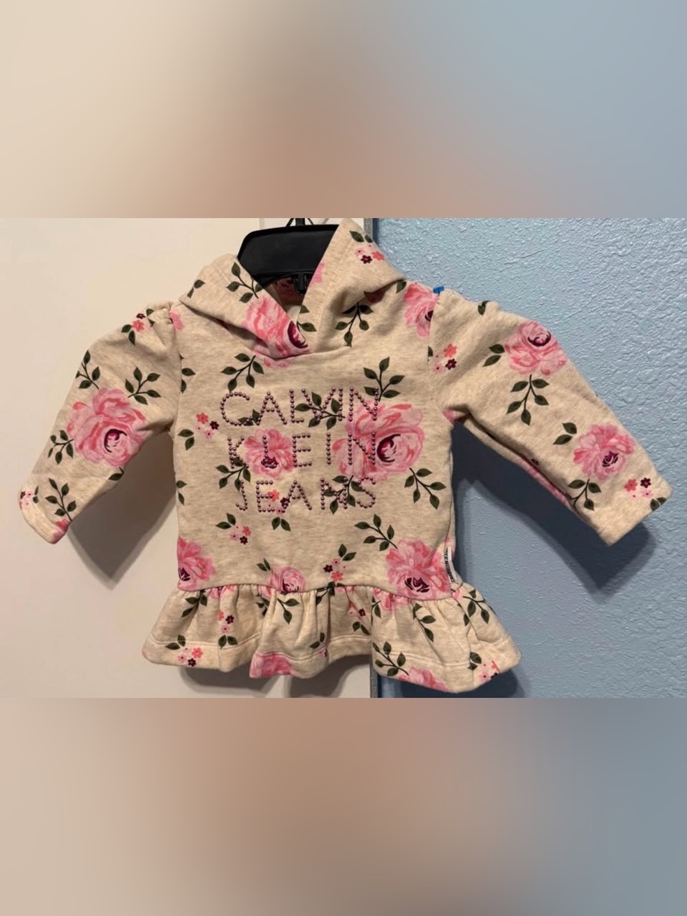 Calvin Klein Jeans Cream Hoodie Top with Pink Rose Print